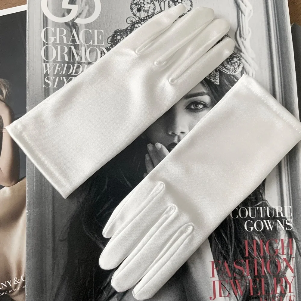 Premium Quality White Satin Short Gloves Wrist Length Wedding Gloves for Bride